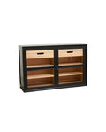 A black display cabinet with two glass doors and wooden shelves inside.