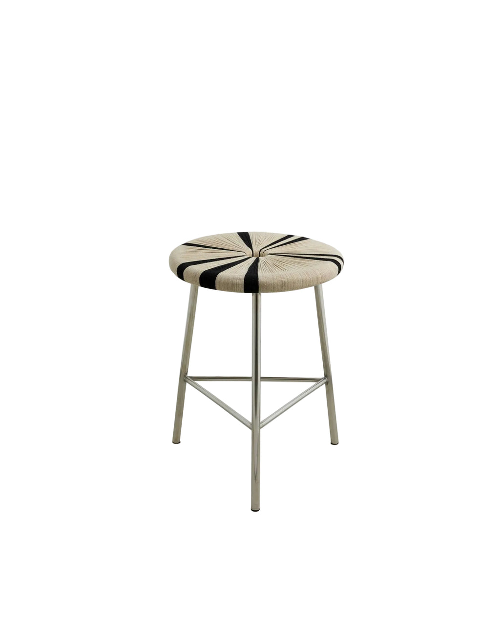 A low MORICE stool with a chrome frame and a striped seat in black and ivory colors.