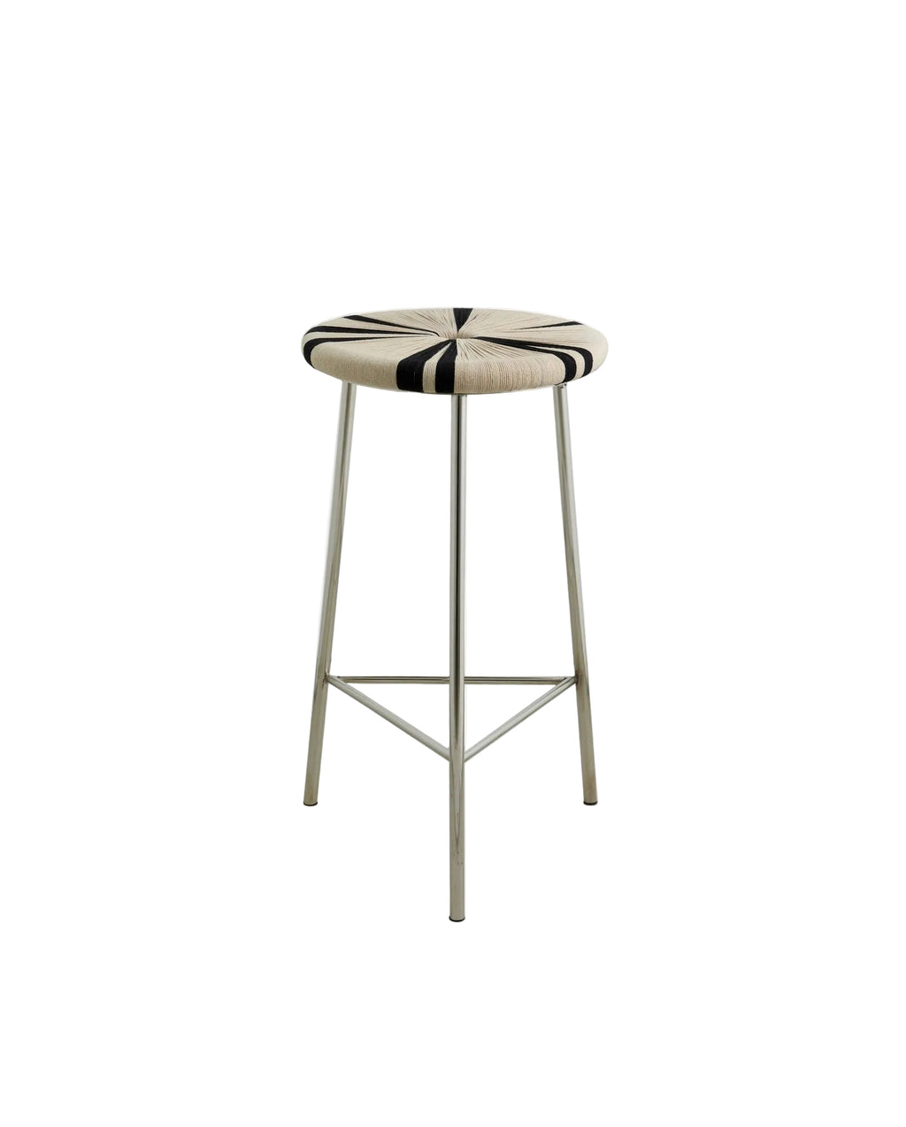 A high bar stool with a black frame and ivory striped seat, featuring a footrest.