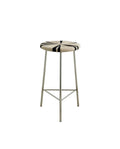 A high bar stool with a black frame and ivory striped seat, featuring a footrest.