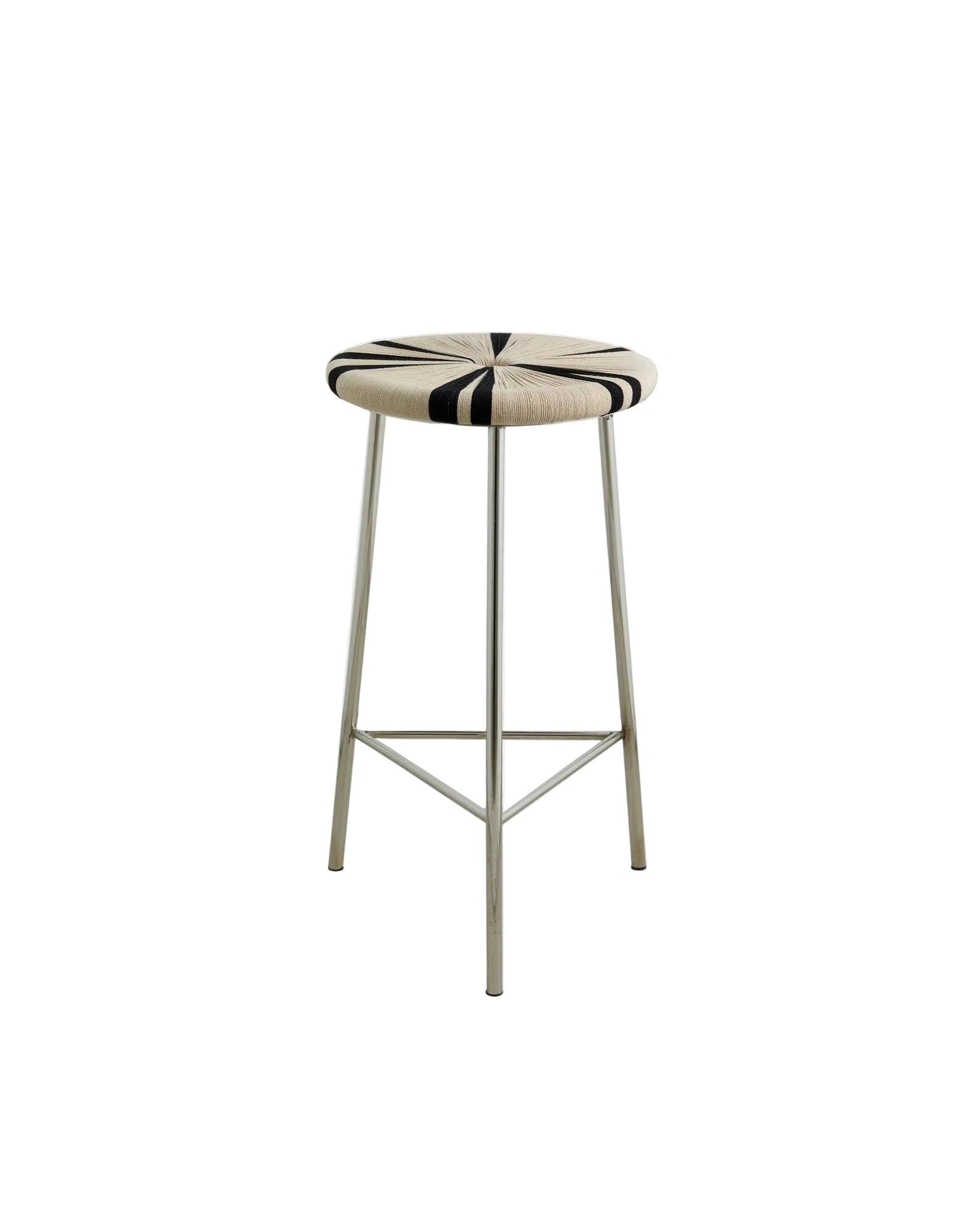 A high bar stool with a black frame and ivory striped seat, featuring a footrest.