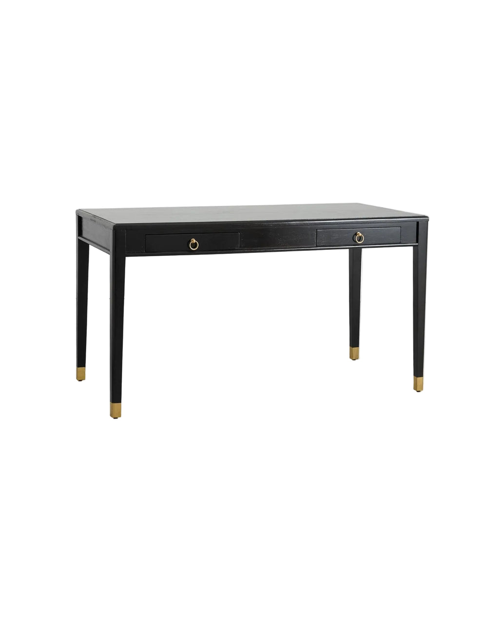 A black wooden desk with two drawers, gold-finish legs, and gold handles.