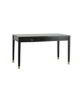 A black wooden desk with two drawers, gold-finish legs, and gold handles.
