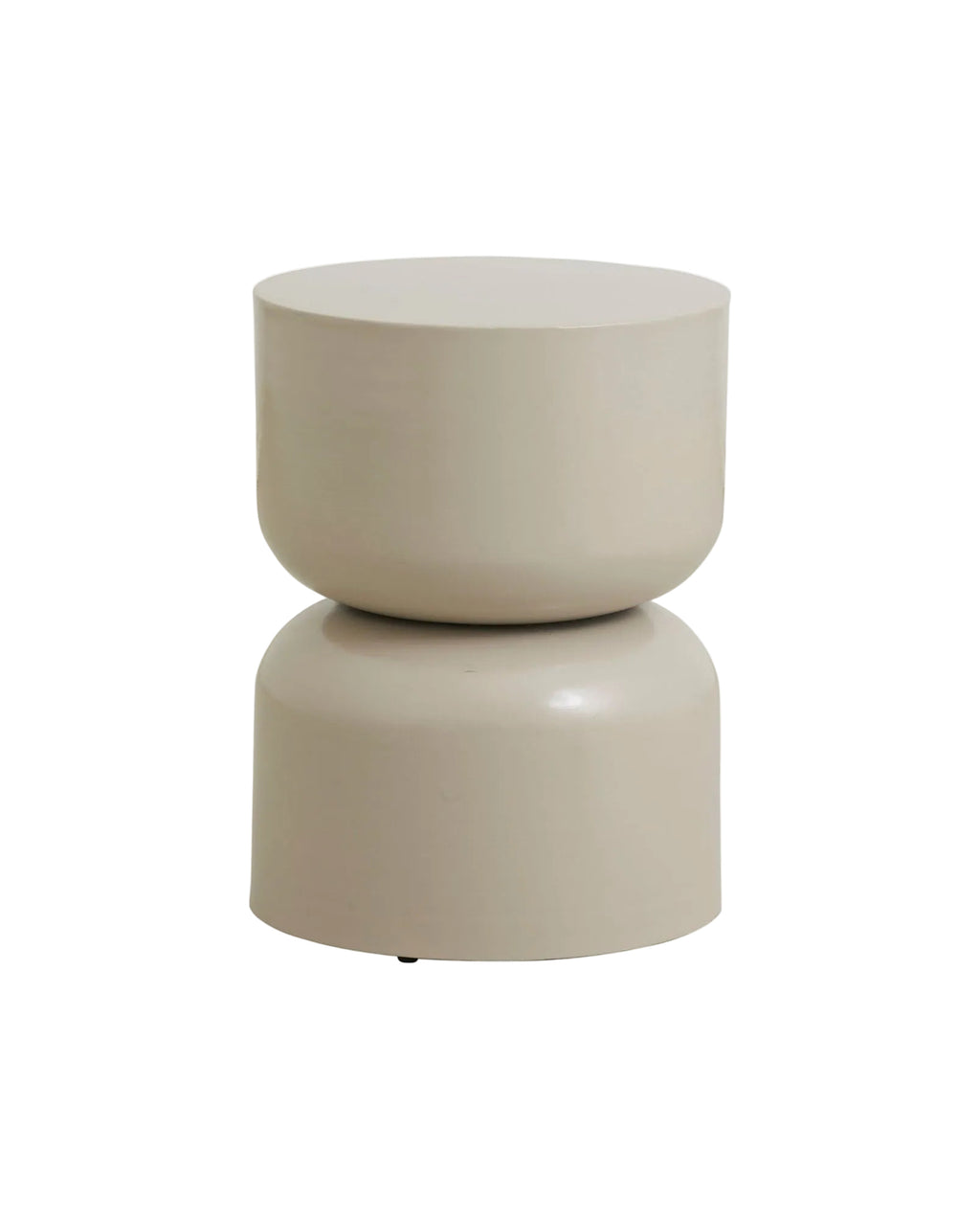 A round, grey, iron side table with a painted surface, designed for use as a side table or stool.