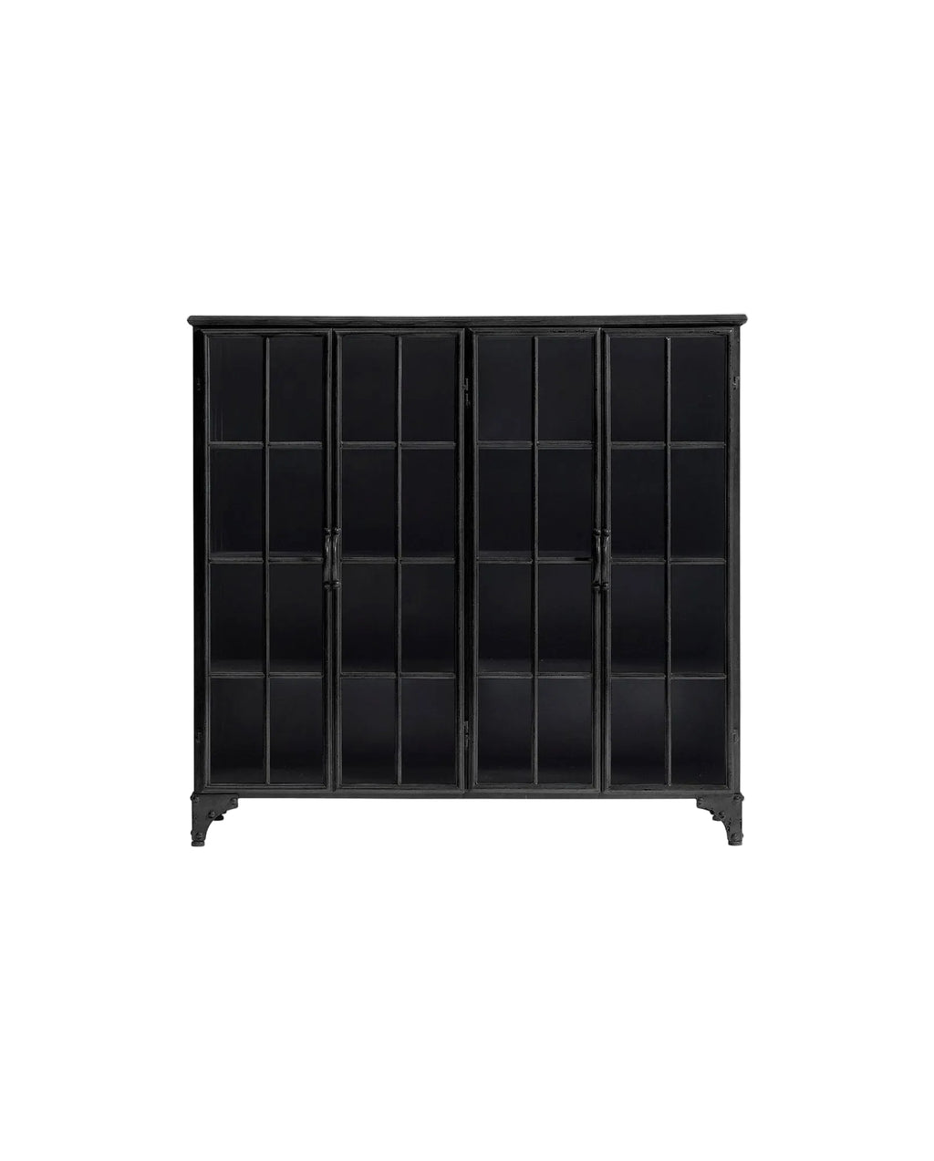 A black, iron-based DOWNTOWN cabinet with tempered glass doors, featuring a series of vertical rectangular cut-outs on the doors, and three shelves visible through the glass.