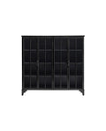A black, iron-based DOWNTOWN cabinet with tempered glass doors, featuring a series of vertical rectangular cut-outs on the doors, and three shelves visible through the glass.
