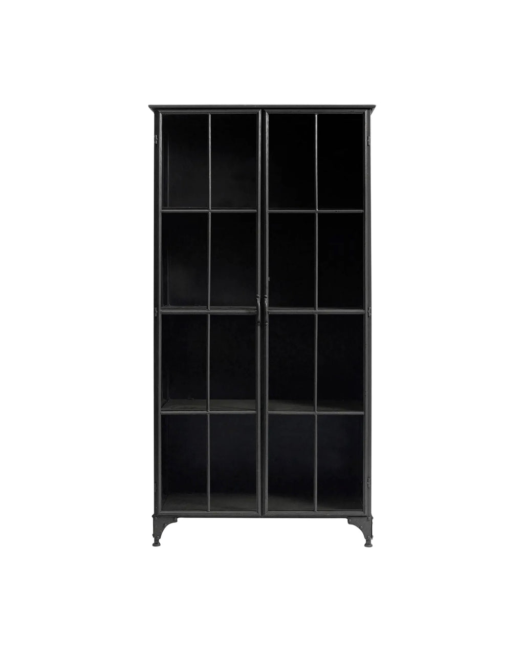 A tall black cabinet with two doors and an antique finish, featuring a grid-like pattern design with iron frame and tempered glass panels.