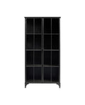 A tall black cabinet with two doors and an antique finish, featuring a grid-like pattern design with iron frame and tempered glass panels.