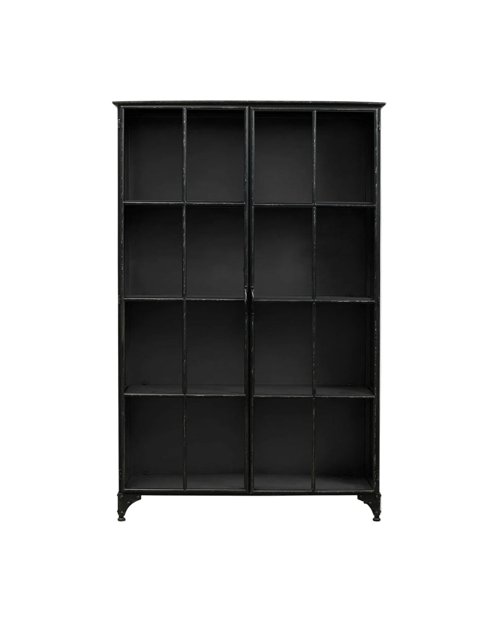 Black metal bookshelf with multiple shelves on a white background