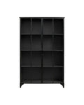 Black metal bookshelf with multiple shelves on a white background