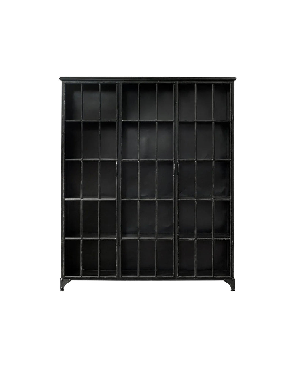Black metal shelving unit with multiple compartments on a white background