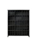 Black metal shelving unit with multiple compartments on a white background