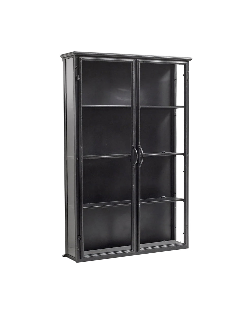 A black DOWNTOWN wall cabinet with antique finish, featuring iron frame and tempered glass doors, part of a collection of industrial look cabinets.