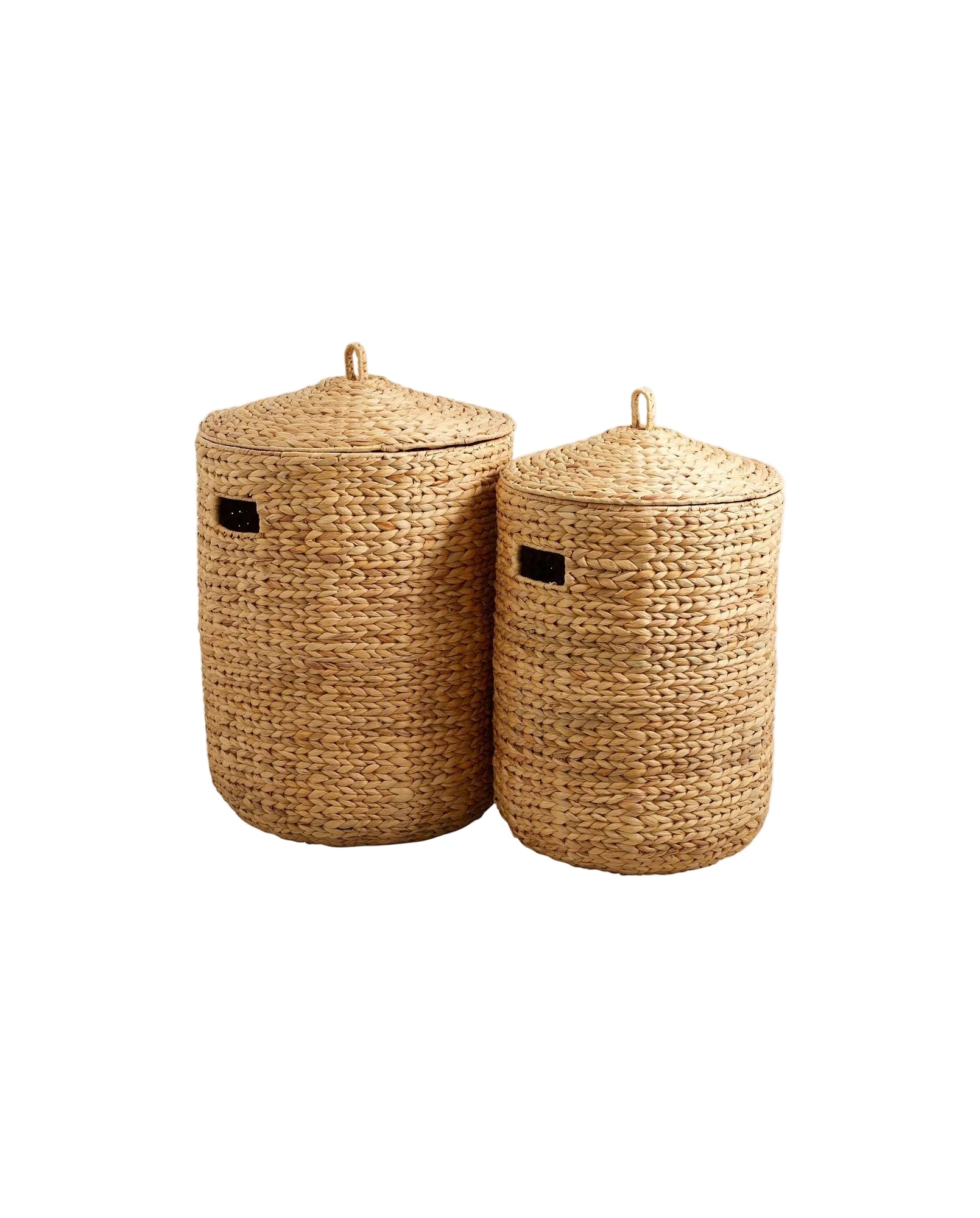 Two natural color COSNA laundry baskets with a wicker texture and metal hardware.