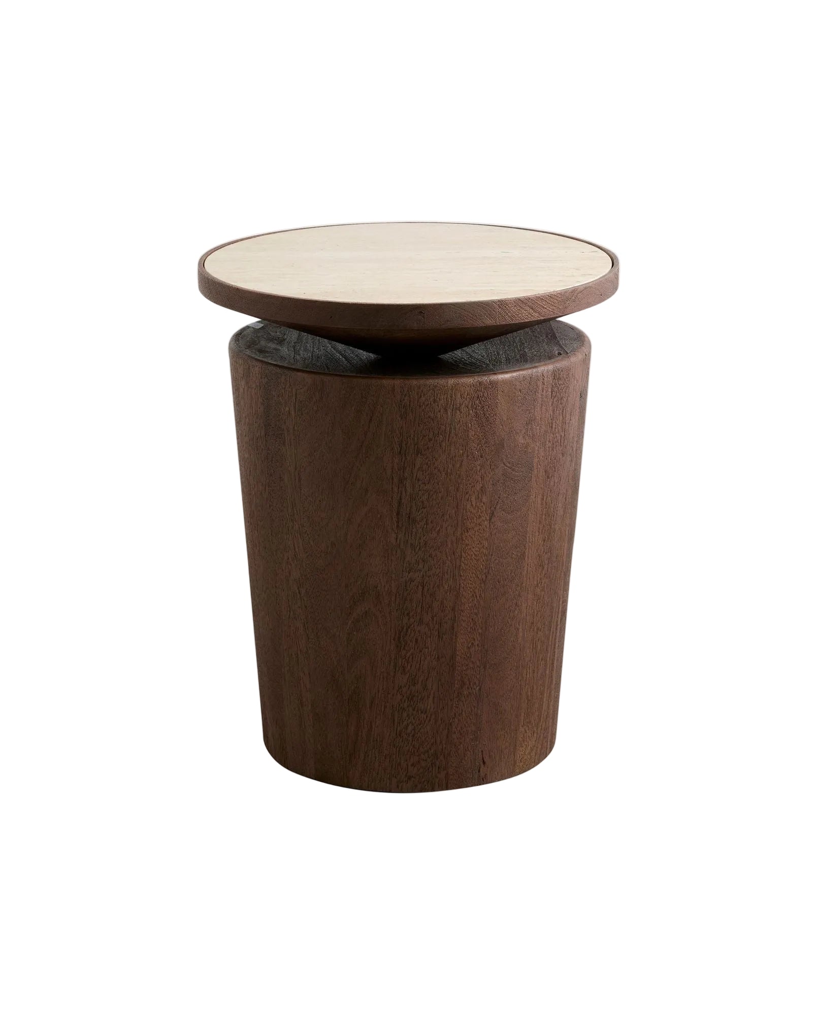 A square side table with a travertine top and a mango wood base.