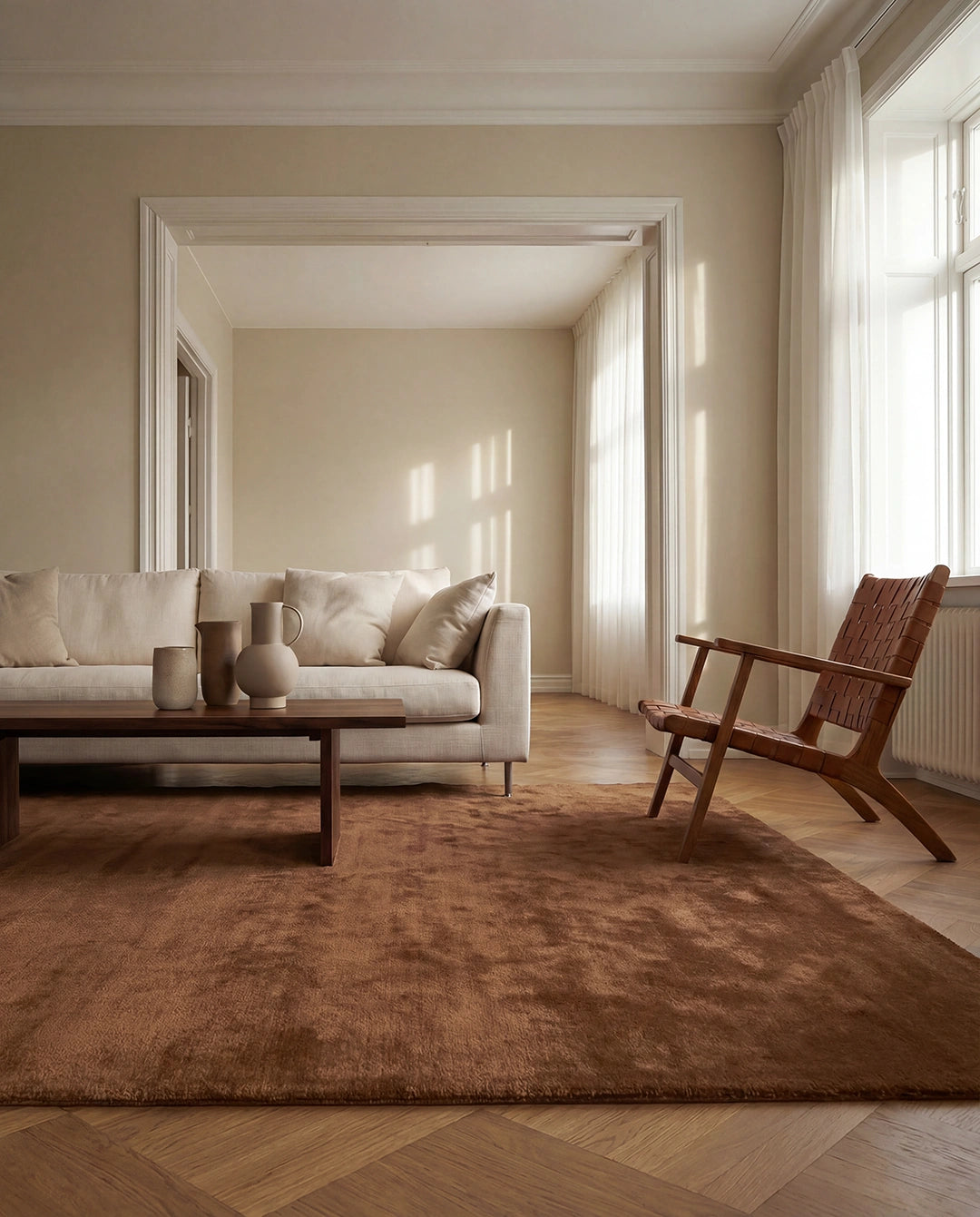 Rust Solid Rug in a living room