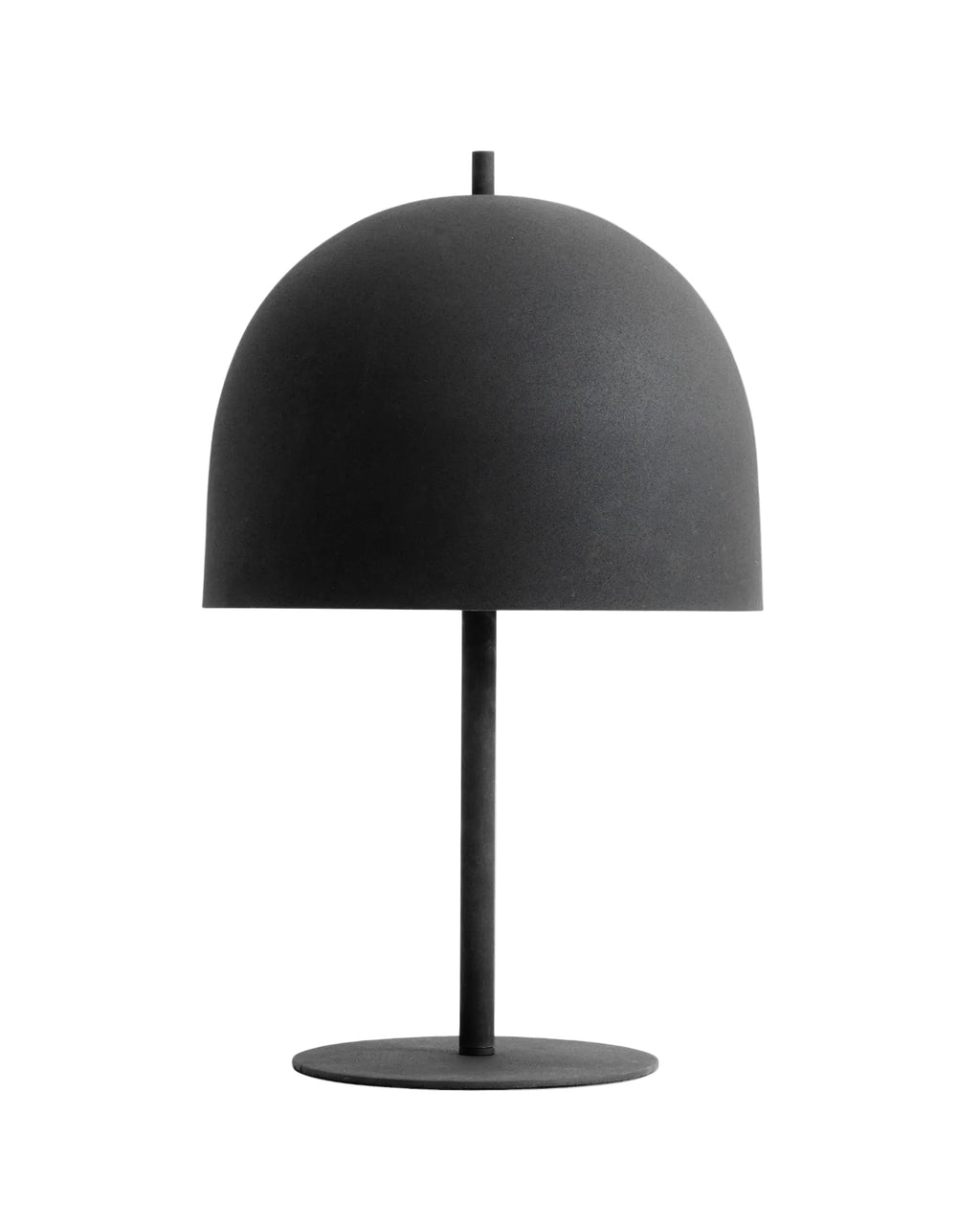 Black table lamp with a dome-shaped shade on a white background