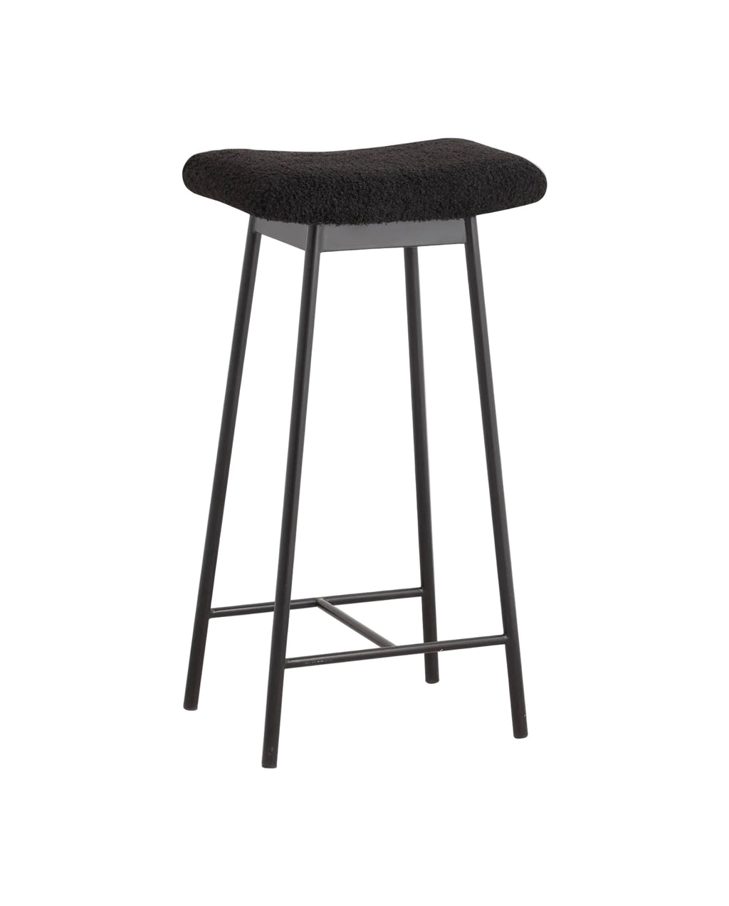 A black bar stool with a padded seat made of teddy fabric and iron legs, including footrest bars.