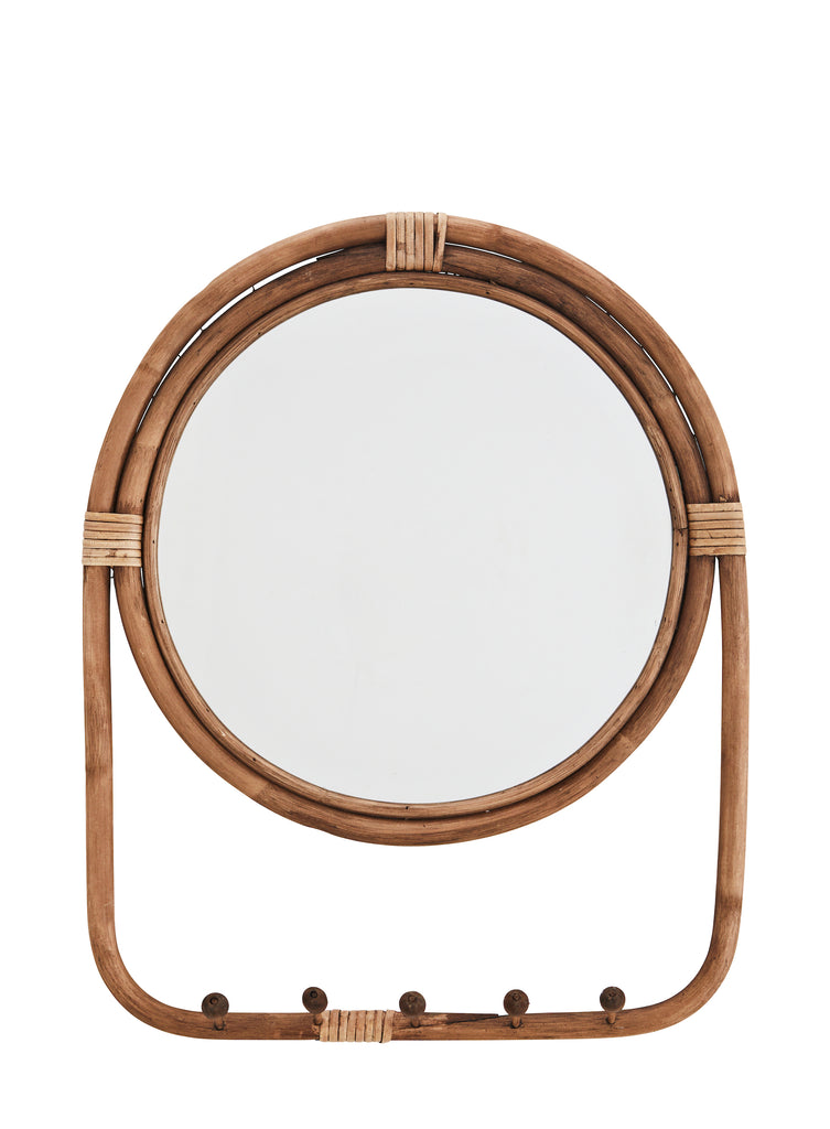 MIRROR WITH RATTAN FRAME AND HOOKS, Ø 48 CM