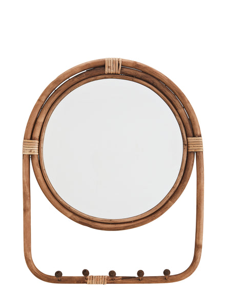 MIRROR WITH RATTAN FRAME AND HOOKS, Ø 48 CM