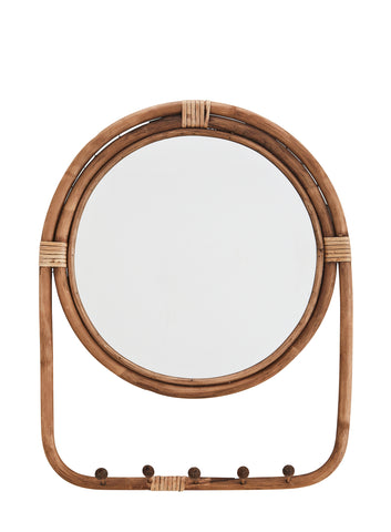 MIRROR WITH RATTAN FRAME AND HOOKS, Ø 48 CM