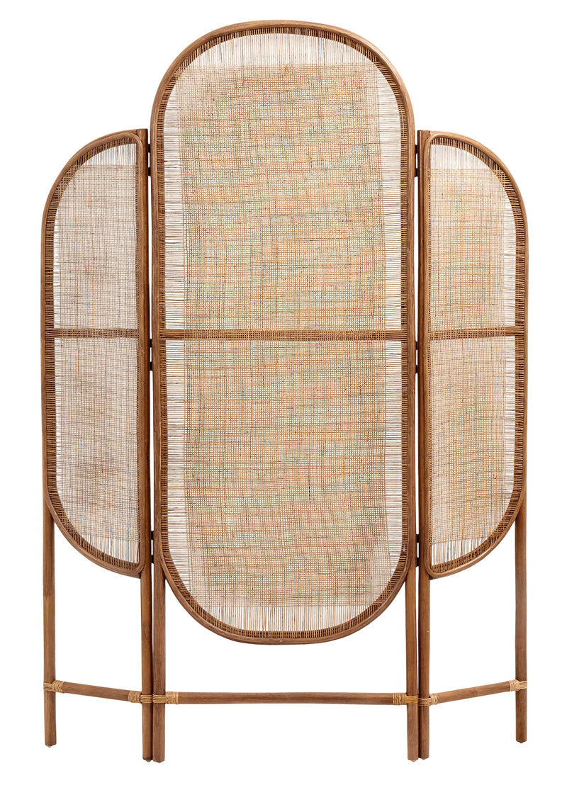 A rattan room divider with brass hinges, featuring two open wings and a closed central section, in a natural color.