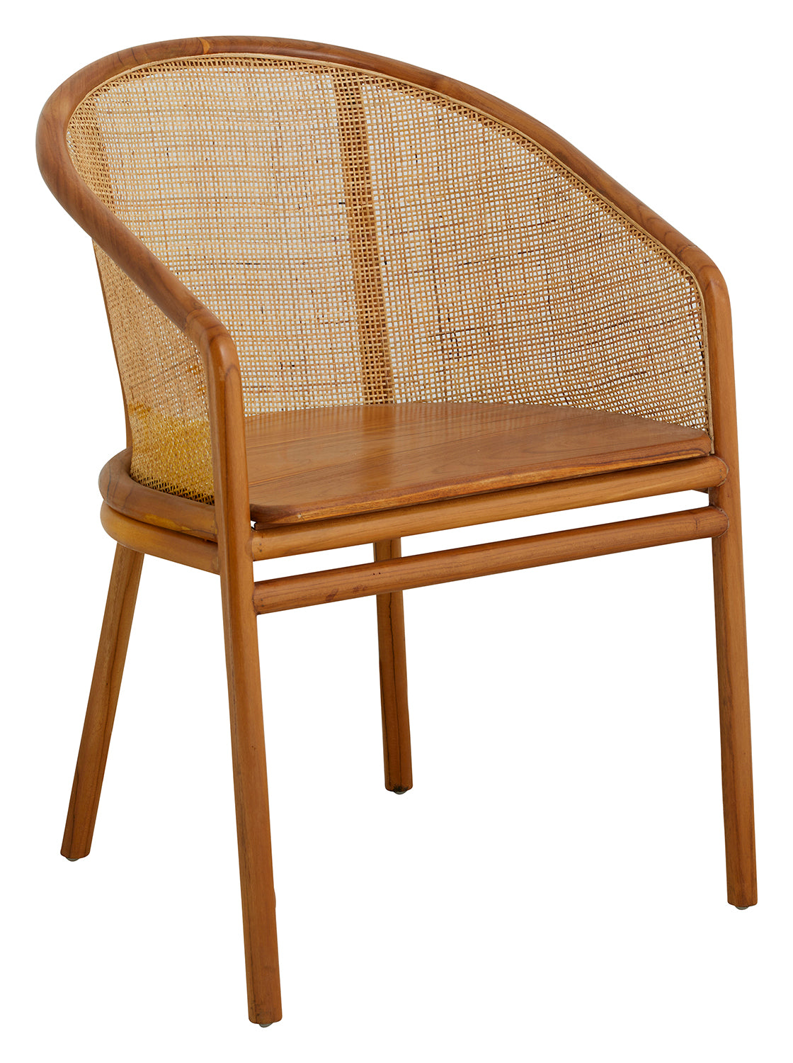 An elegant light brown MOSSO dinner chair with a polished teak frame and rattan backrest.