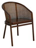An elegant dark brown MOSSO dinner chair with a polished teak frame and rattan back, featuring a woven pattern on the seat and backrest.