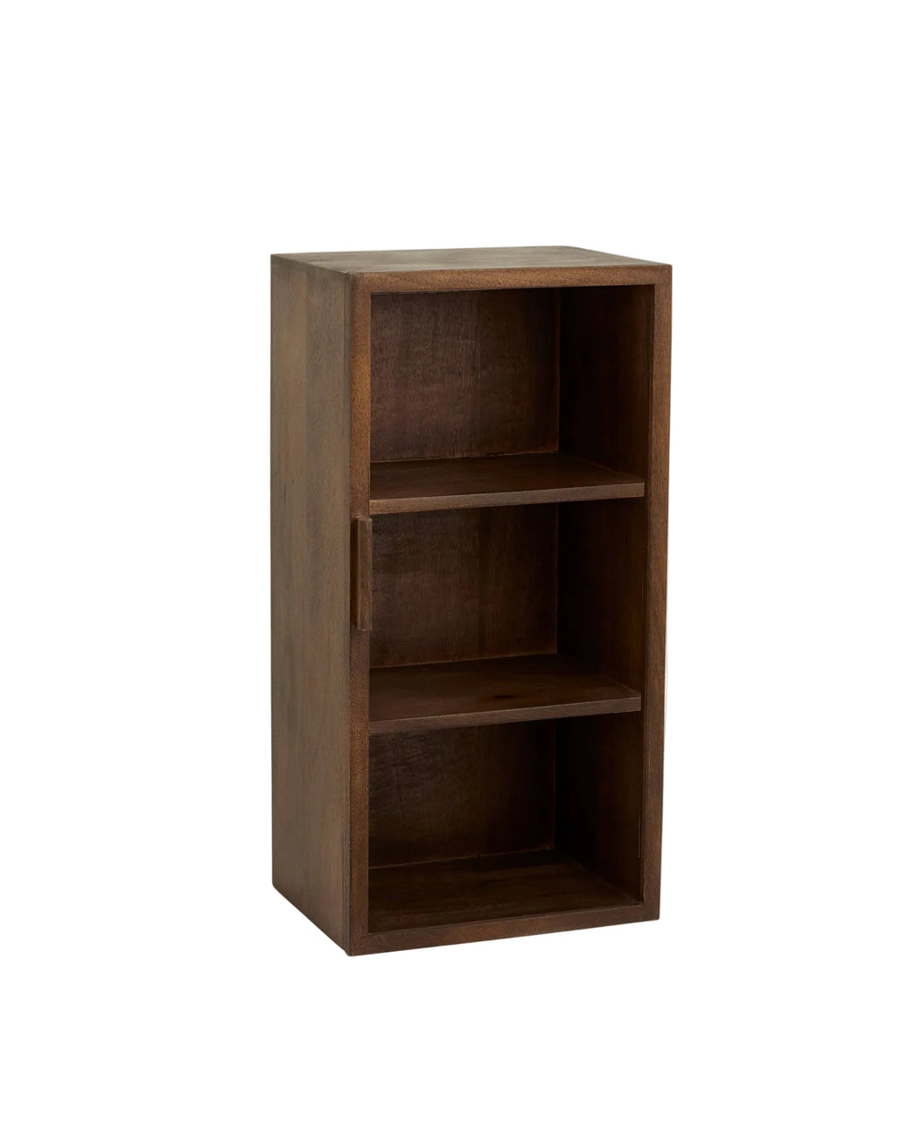 A dark brown NANGO wall cabinet made of mango wood with one glass door and two wooden shelves inside.