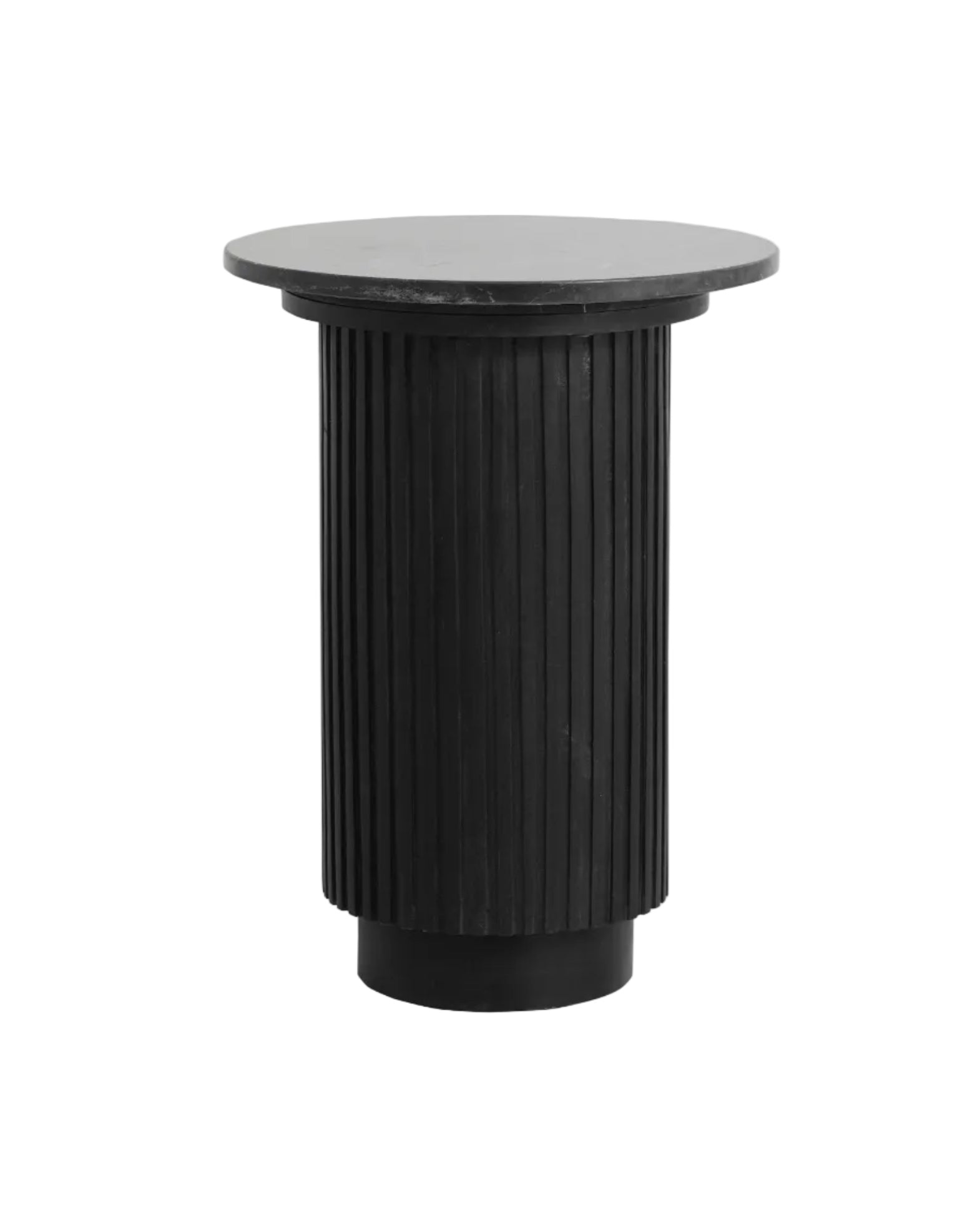 A black round side table with a marble top and vertical grooves on the wooden base.