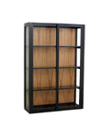 A black mahogany wood frame wall cabinet with two glass doors and teak shelving.