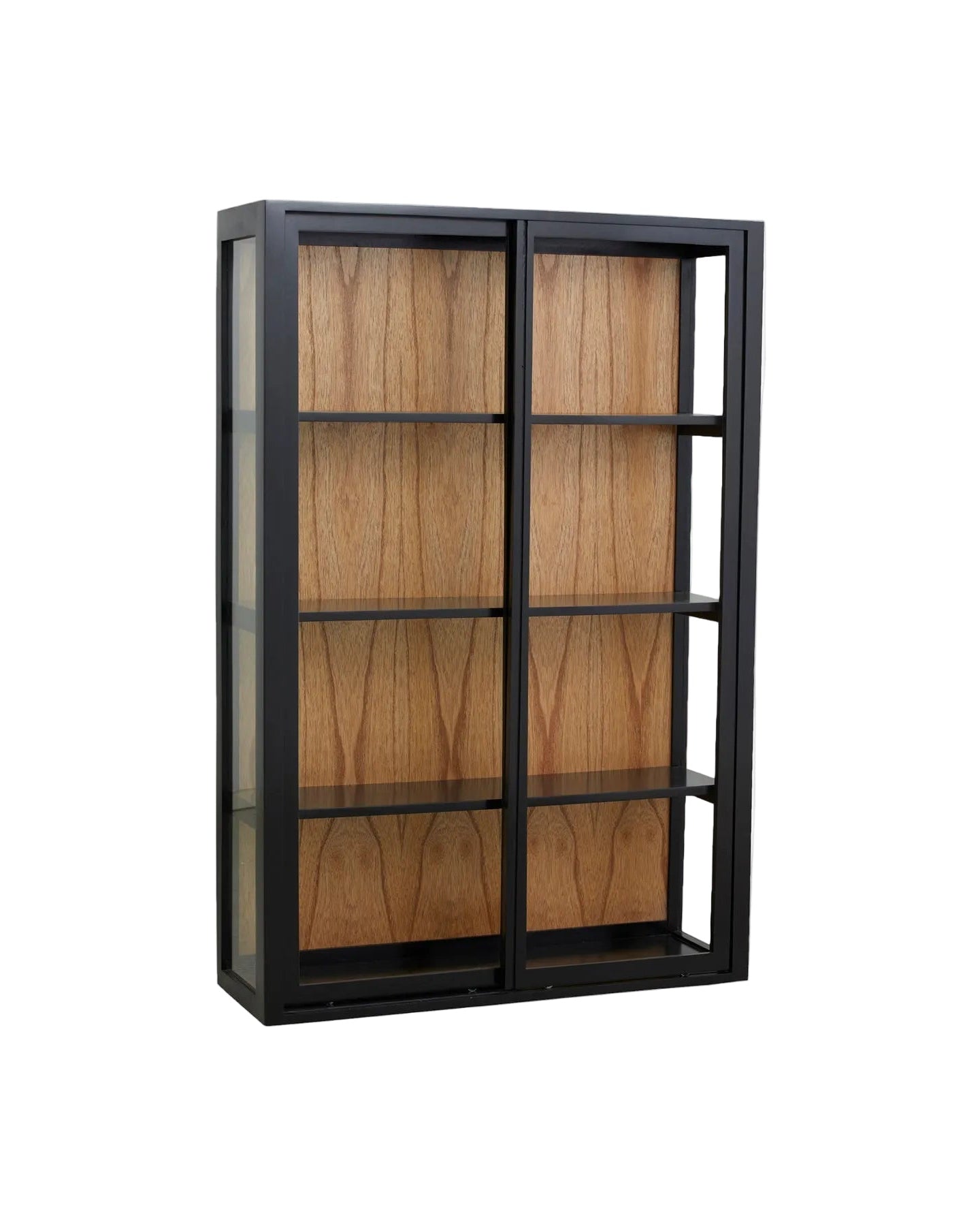 A black mahogany wood frame wall cabinet with two glass doors and teak shelving.