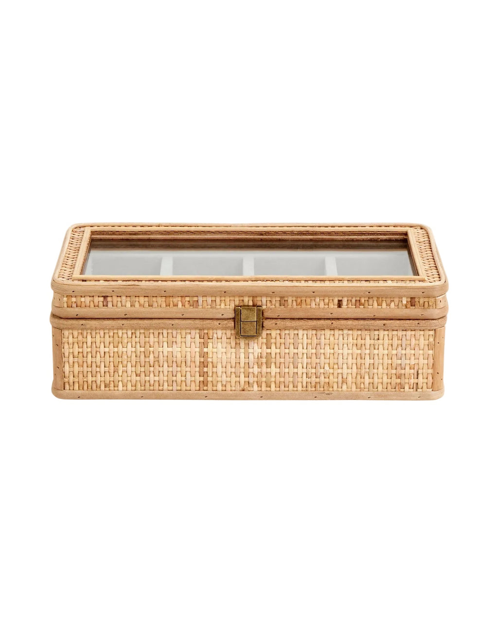 A decorative jewelry box made of rattan with a glass lid and velvet-lined compartments.