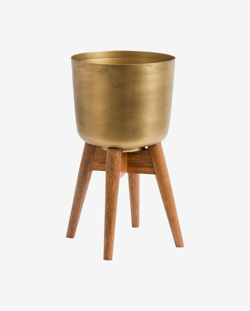 PLANTER ON STAND, MEDIUM, BRASS/WOOD