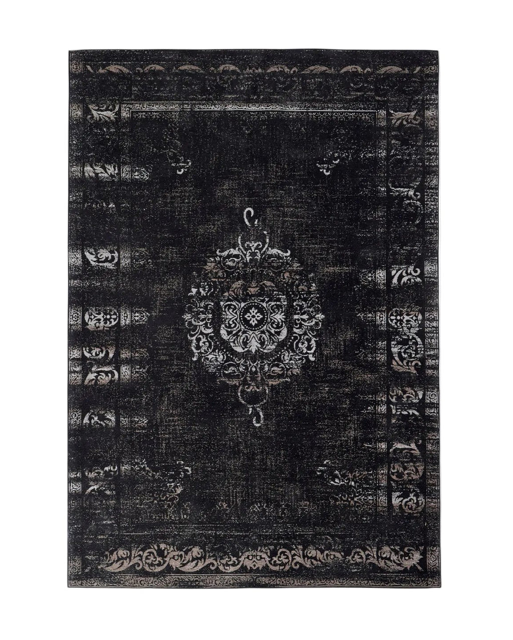 A rectangular, flatweave rug with a dark grey and black color pattern, featuring an intricate, antique-looking design.