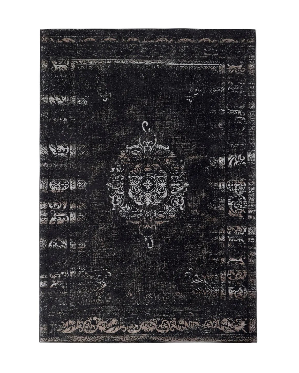 A rectangular, flatweave rug with a dark grey and black color pattern, featuring an intricate, antique-looking design.
