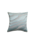A pillowcase with a blue and grey striped pattern on a light blue background, with a zipper opening.