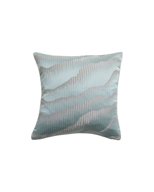 A pillowcase with a blue and grey striped pattern on a light blue background, with a zipper opening.