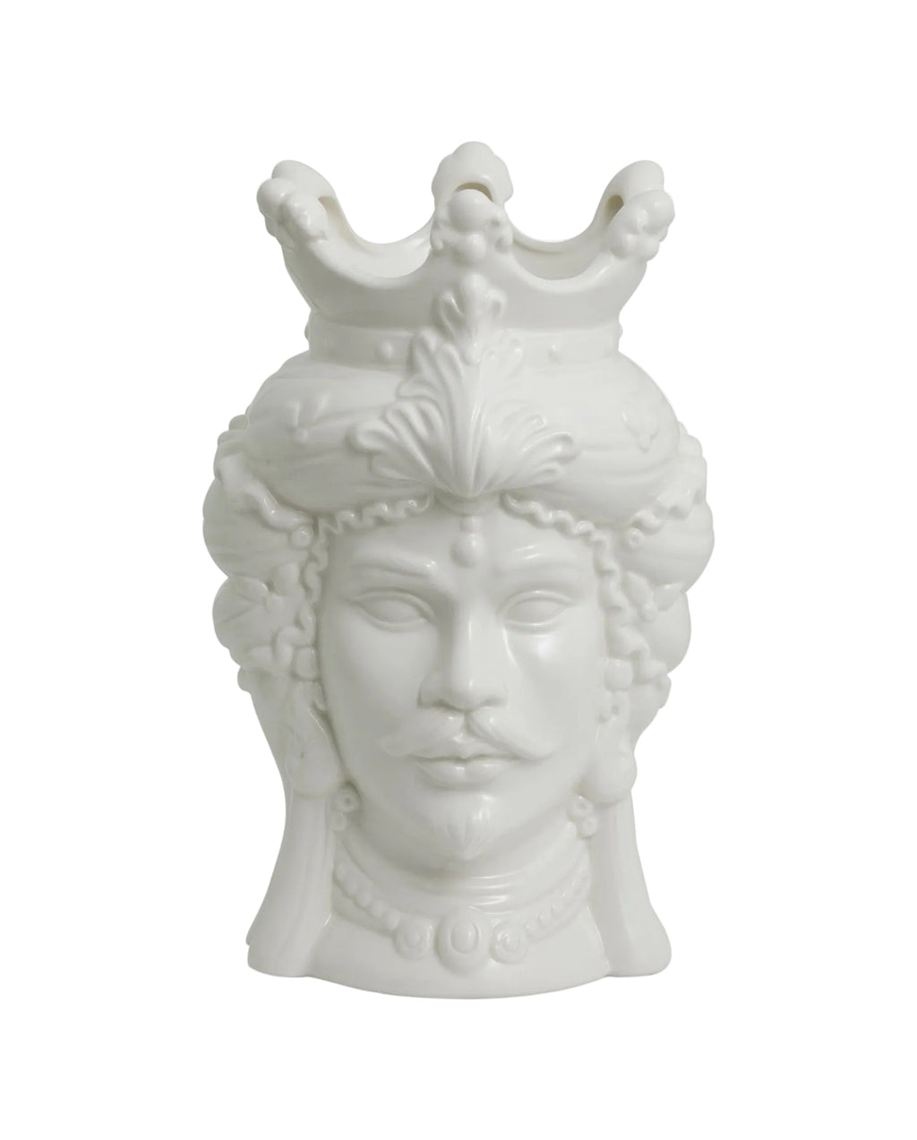 A white ceramic vase with a classical design, featuring a figure with a crown on top.