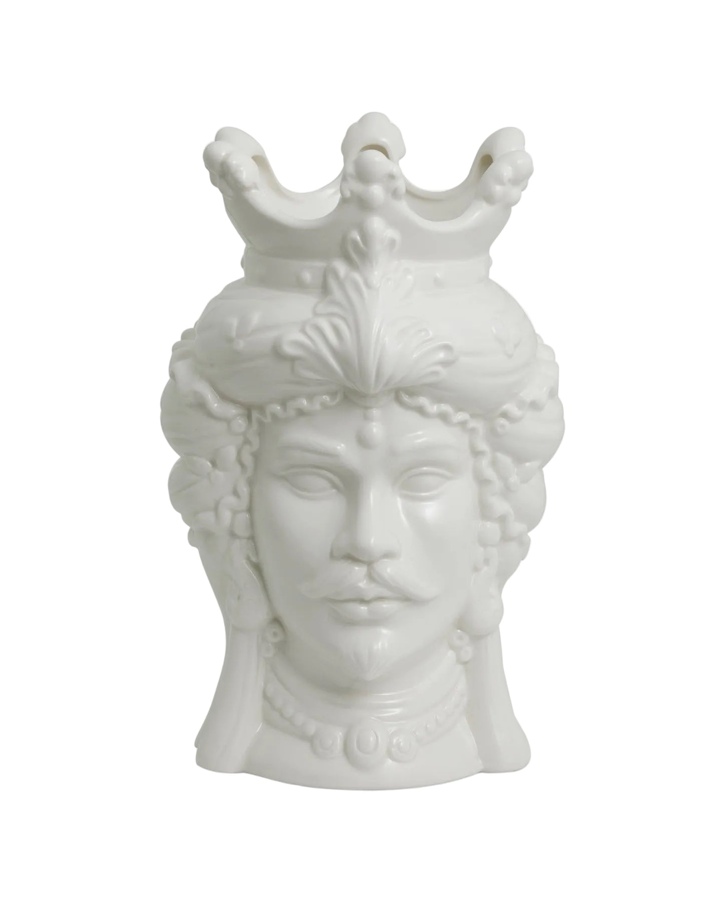 A white ceramic vase with a classical design, featuring a figure with a crown on top.