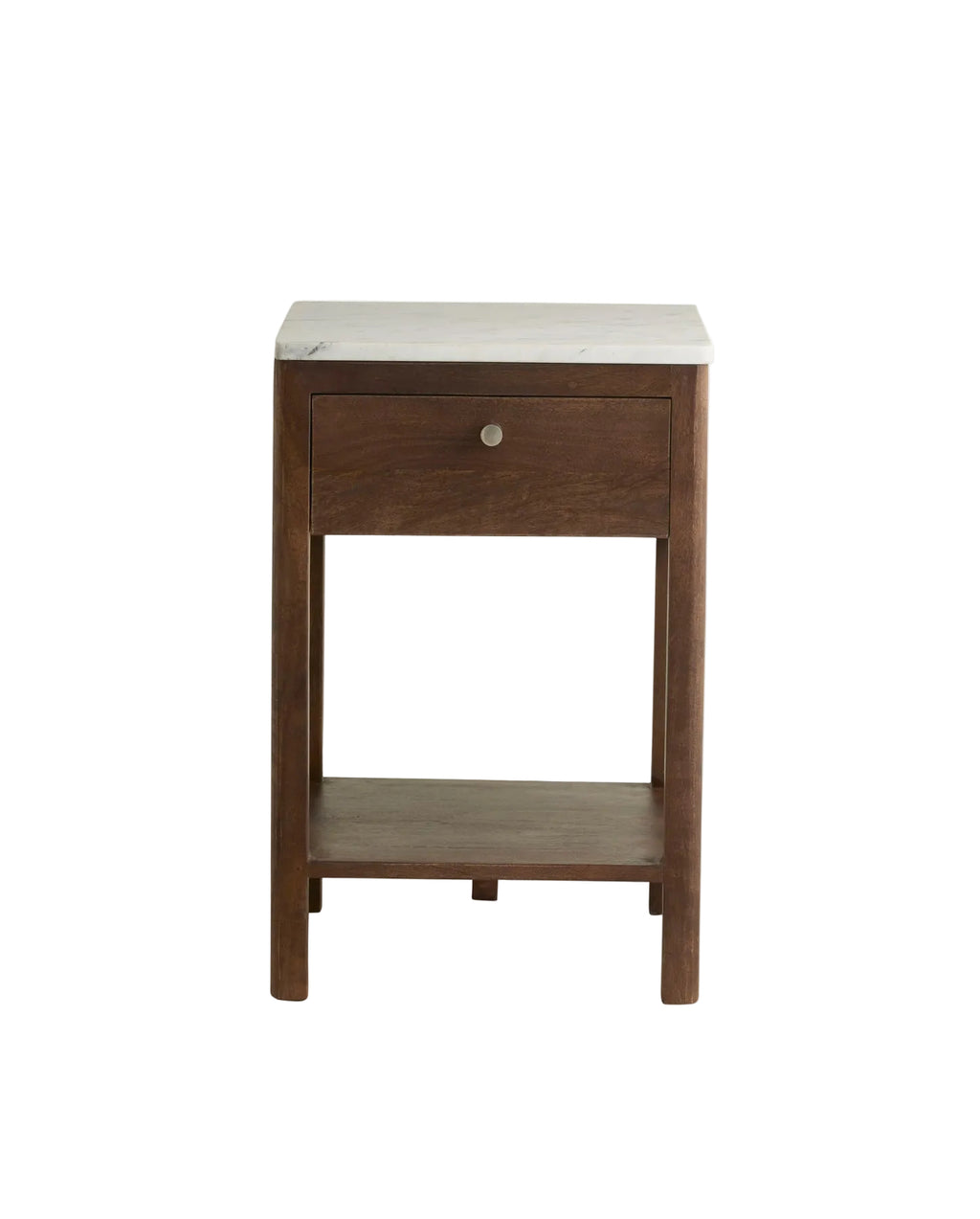 A wooden nightstand with a marble top and a brass metal knot on the drawer.