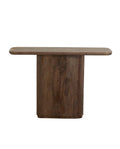A dark brown mango wood console table with a rectangular top and a cylindrical base.