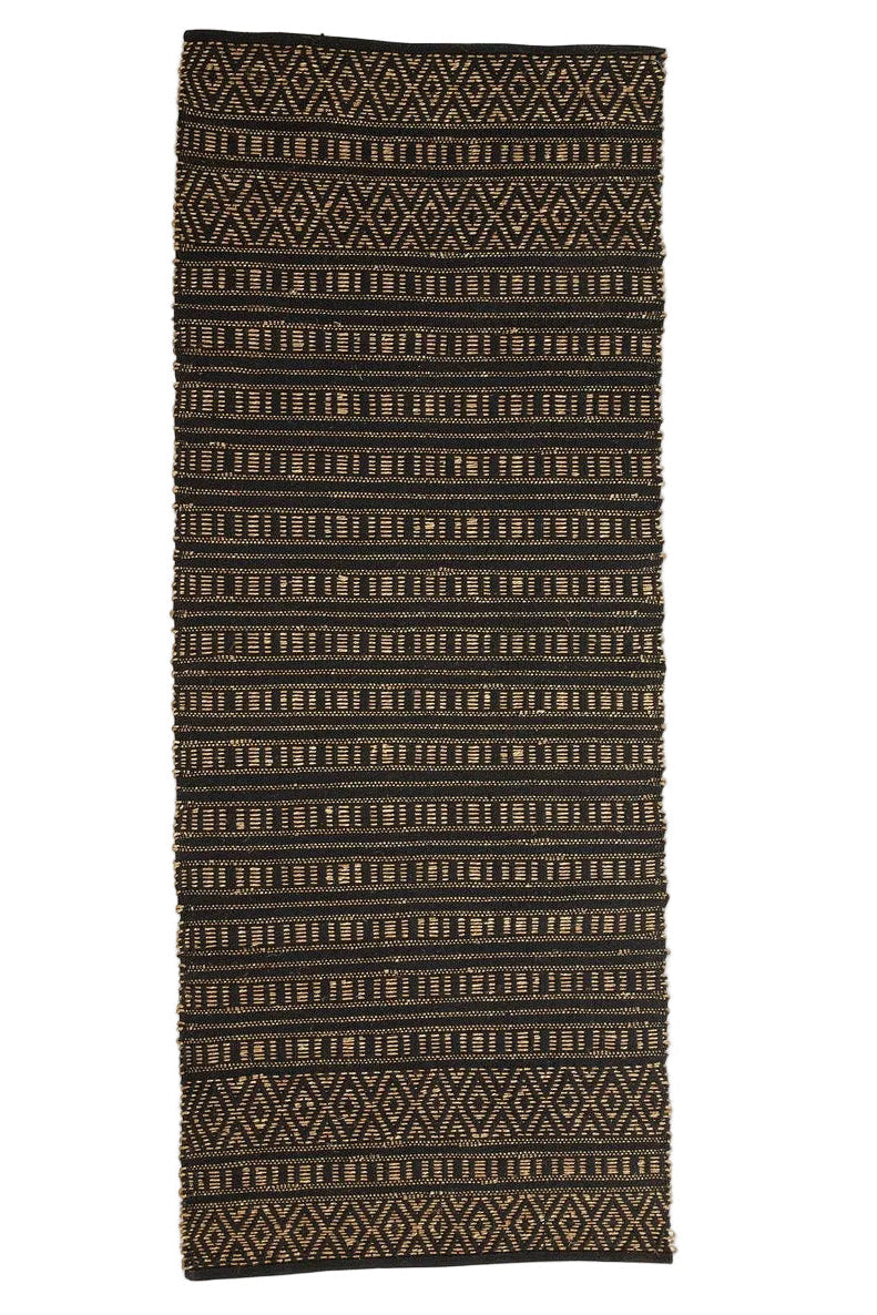 Patterned rug with geometric design on a white background
