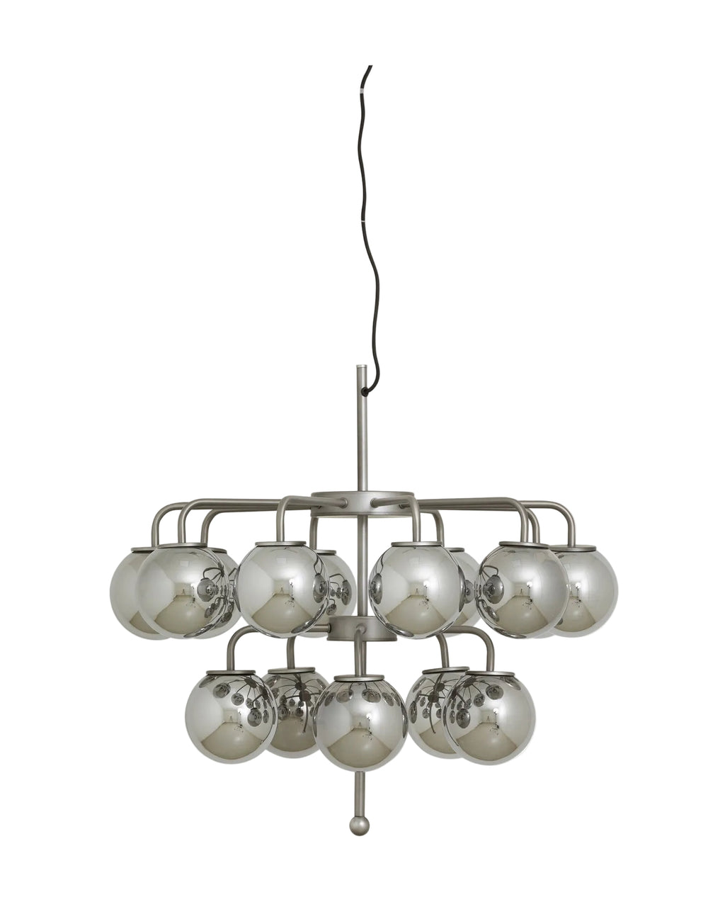 A metallic chandelier with multiple glass cups, hanging from a black fabric cord via a thin iron wire.