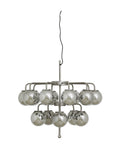 A metallic chandelier with multiple glass cups, hanging from a black fabric cord via a thin iron wire.
