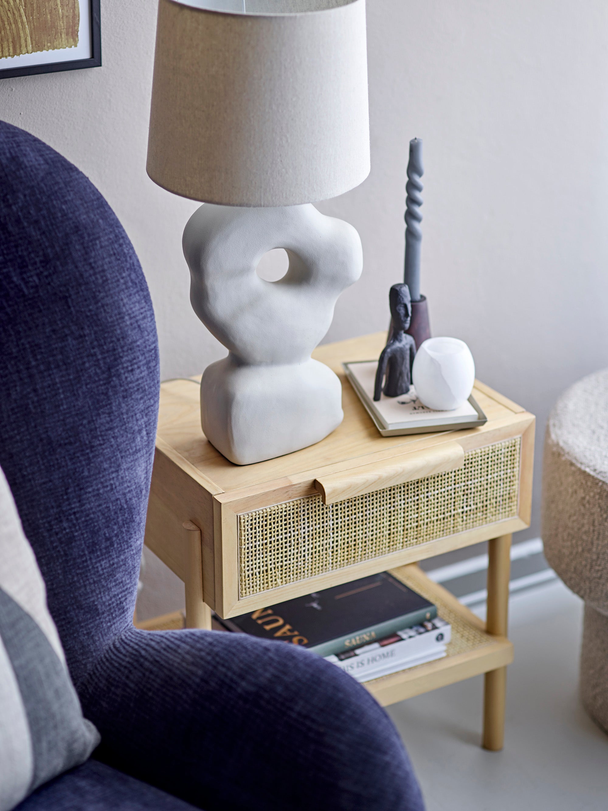 MANSON nightstand / side table, pine wood and rattan