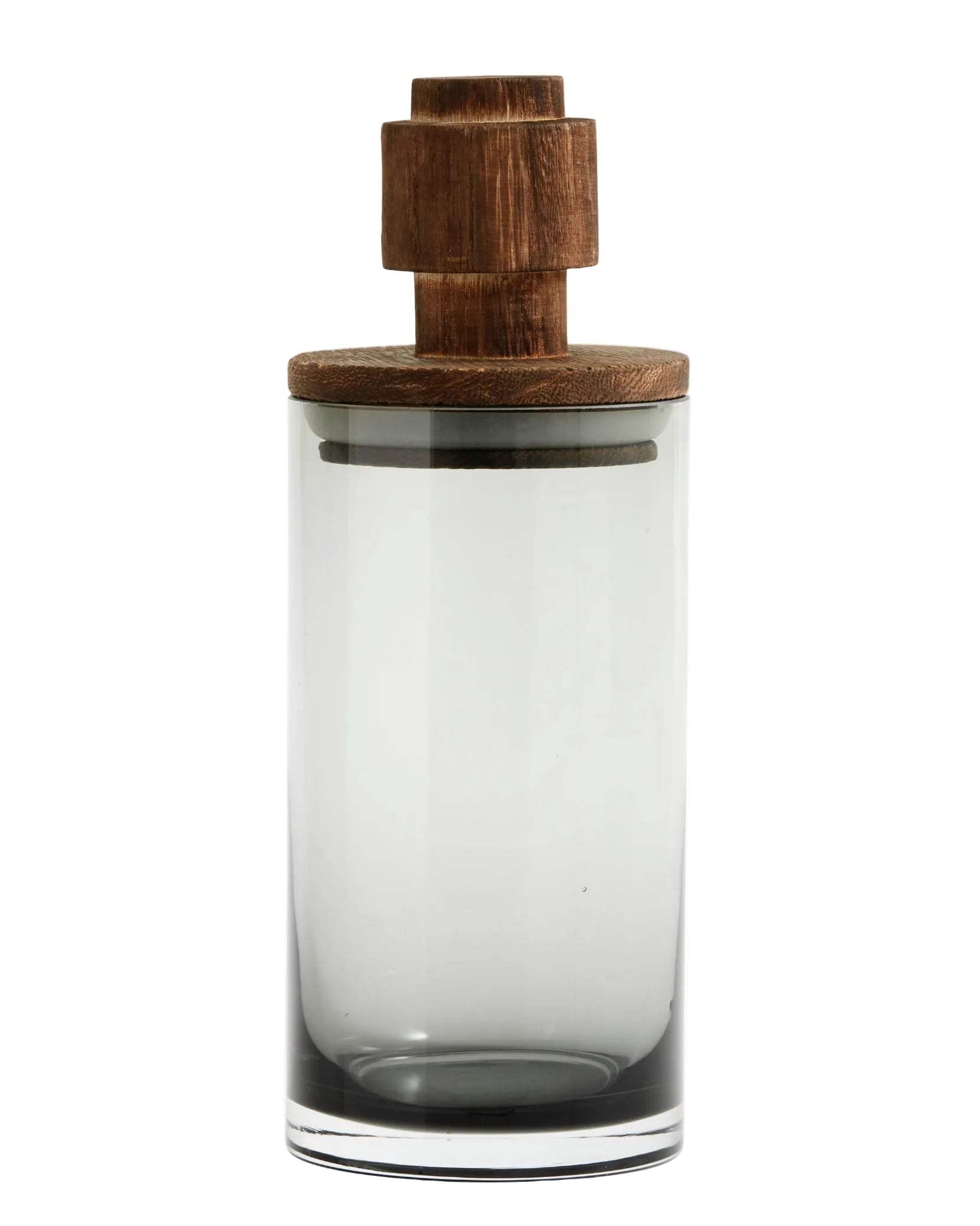 A clear glass storage container with a brown wooden lid, suitable for kitchen or bathroom use, or as a vase or candleholder.