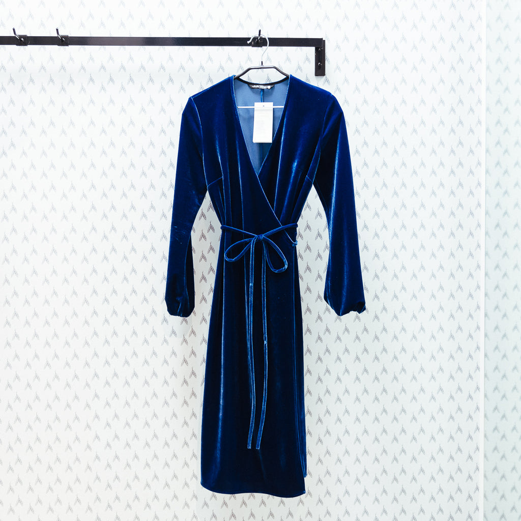 Velvet Wrap Midi Dress, Blue