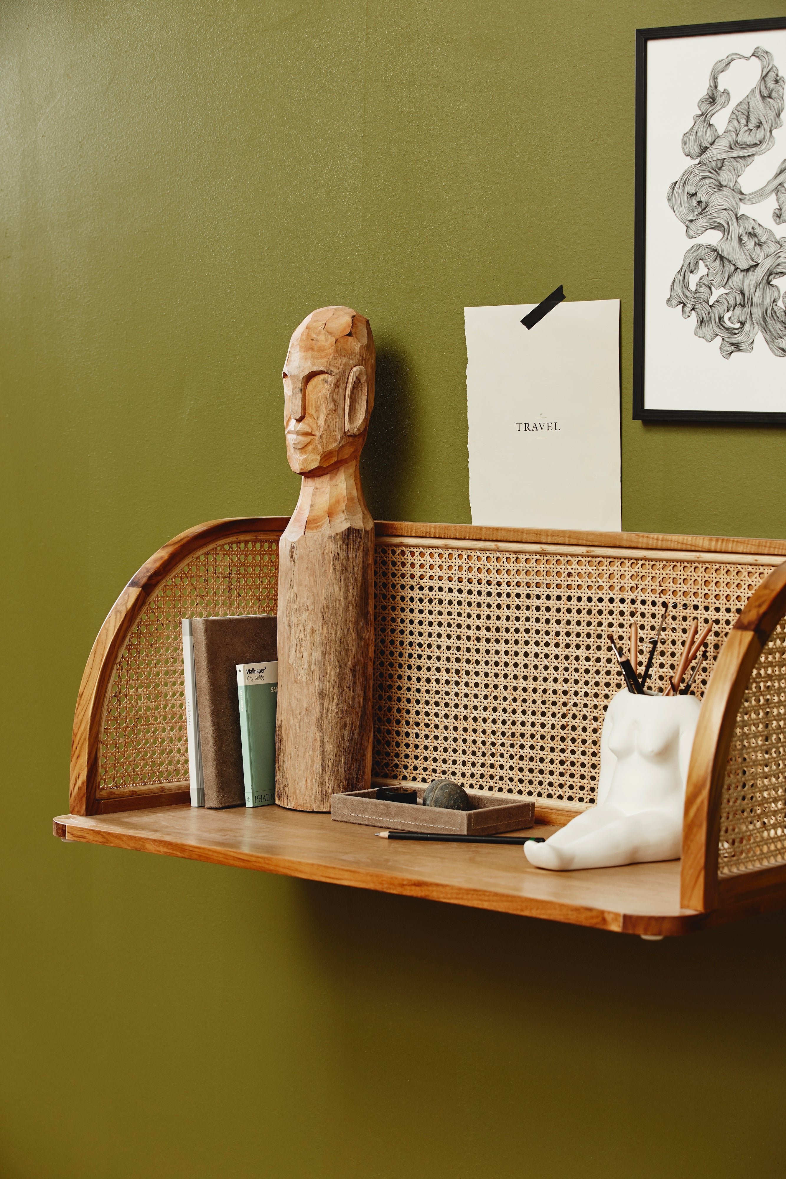 MERGE wall table with rattan, natural