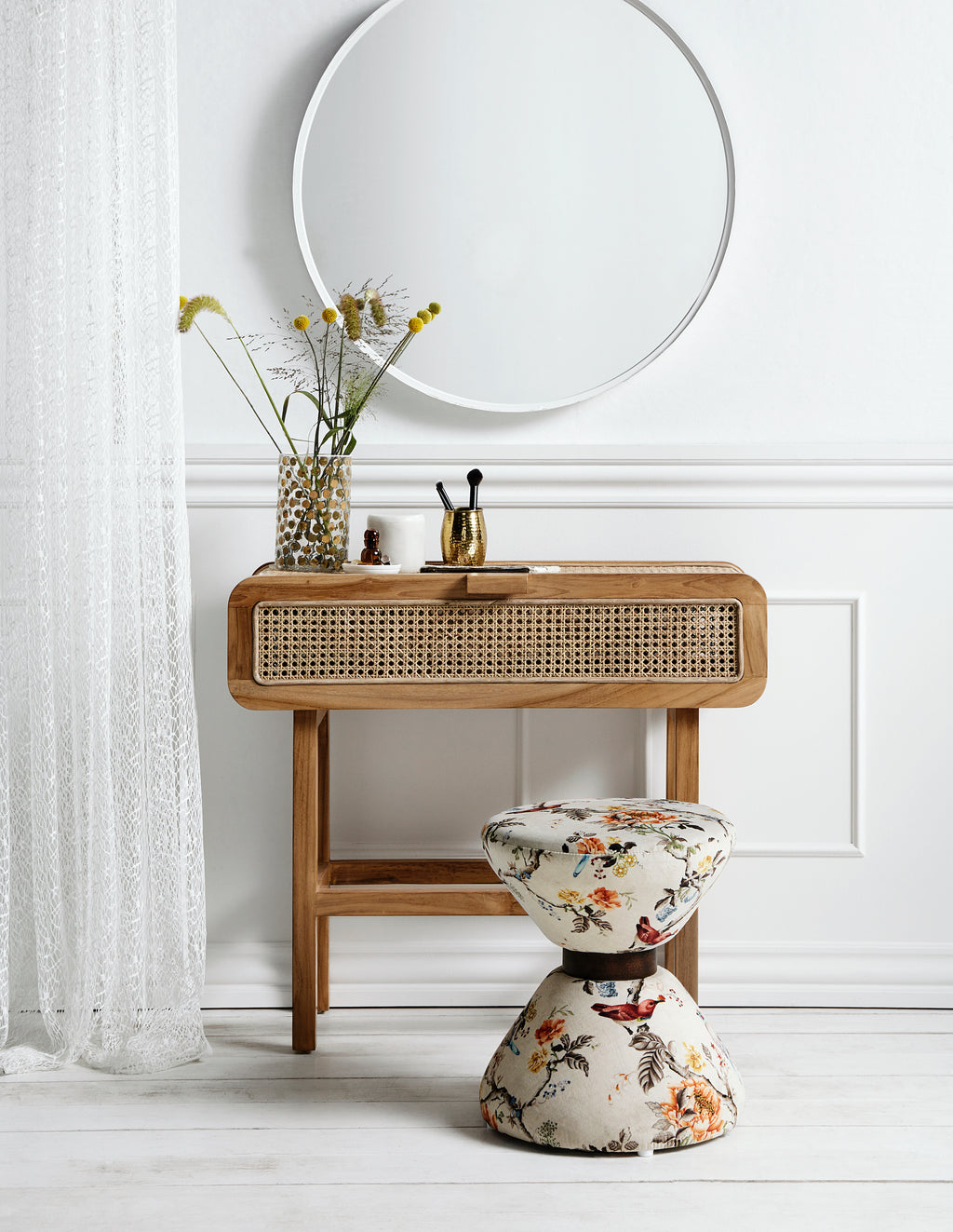 MERGE console or nightstand, teak with rattan
